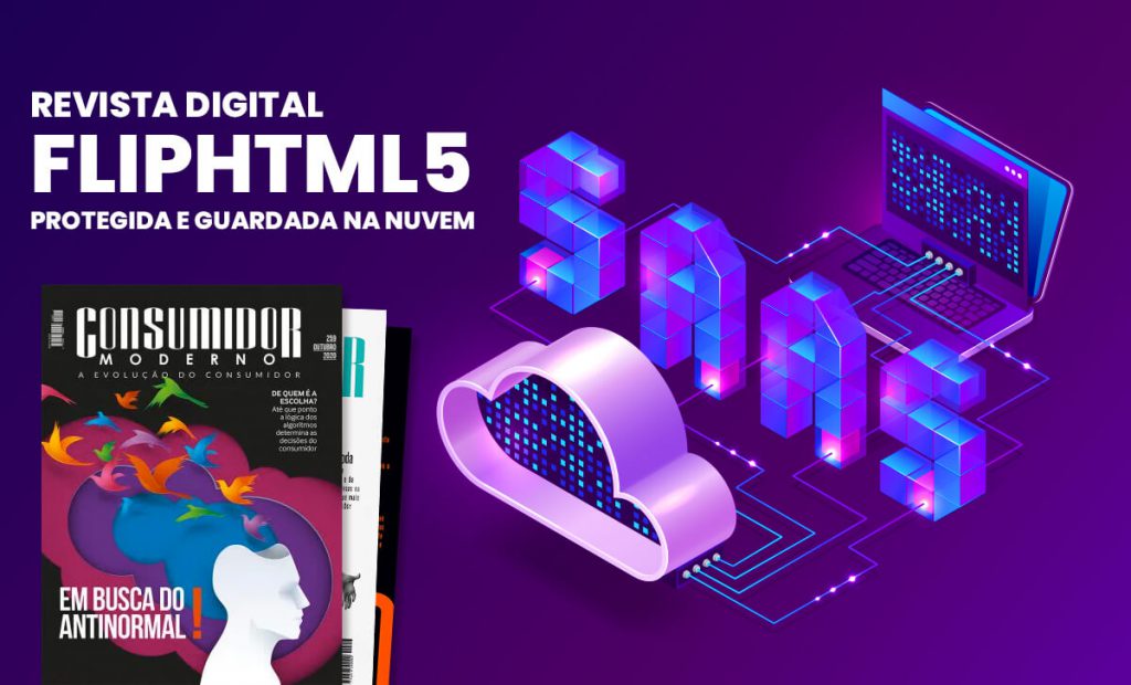 Ilustração com capas de revista mostrando a nuvem da plataforma FlipHtml5